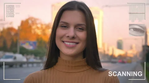 Futuristic and technological scanning of the face of a beautiful woman for Video stock 99081906