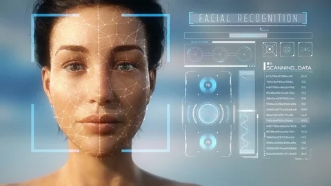 Futuristic and technological scanning of the face and retina of woman avatar. Vídeo Stock 102393843