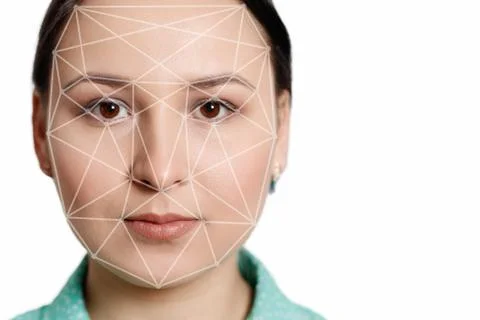 Futuristic and technological scanning of the face of a beautiful woman for fa Stock Photos