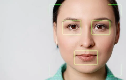 Futuristic and technological scanning of the face of a beautiful woman for fa Stock Photos