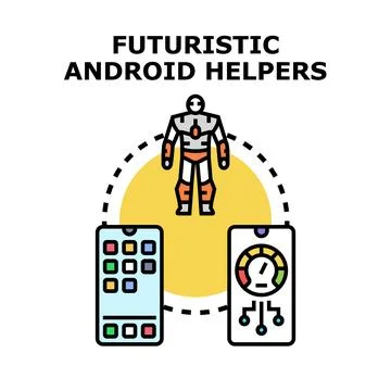 Futuristic android helper connecting with mobile applications Stockillustratie