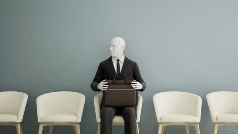Futuristic android robot sitting on a chair and waiting for a job interview, AI Stock Footage 246768341