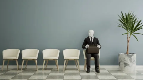 Futuristic android robot sitting on a chair and waiting for a job interview, AI Stock Footage 247209414