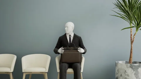 Futuristic android robot sitting on a chair and waiting for a job interview, AI Stock Footage 247841191