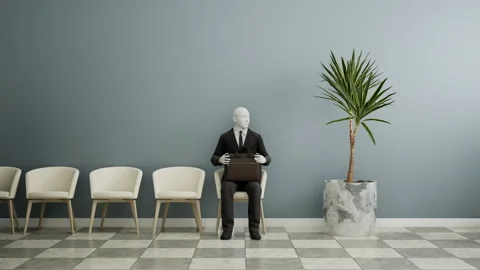 Futuristic android robot sitting on a chair and waiting for a job interview, AI Stock Footage 247842222