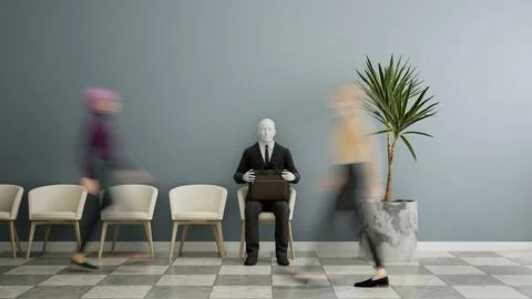 Futuristic android robot sitting on a chair and waiting for a job interview, AI Stock Illustration