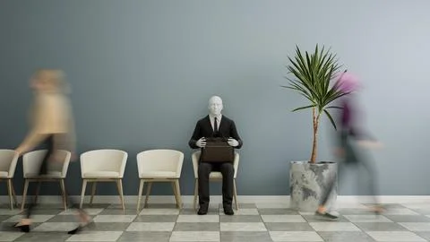 Futuristic android robot sitting on a chair and waiting for a job interview, AI Stock Illustration