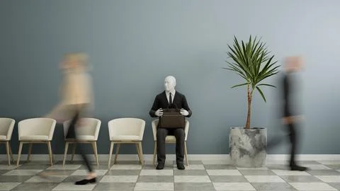 Futuristic android robot sitting on a chair and waiting for a job interview, AI Stock Illustration