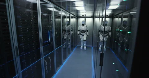 Futuristic android robot working in server room Stock Footage 100458454