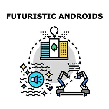 Futuristic androids transforming smart city and automation processes Stock Illustration