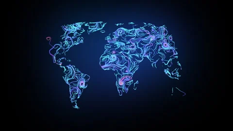 Futuristic animated world map formed by glowing neon lines Vídeos de archivo 347068747