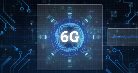 Futuristic animation of 6G technology with blue digital circular interface Stock Footage 304095624