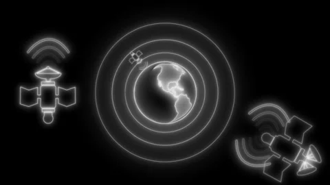 Futuristic animation of Earth with orbiting satellites and signal waves Video stock 318109130