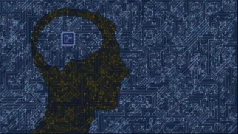 Futuristic animation of a human head and brain silhouette formed by complex Stock Footage 342830575