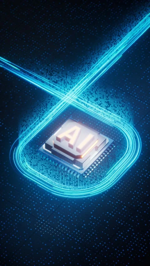 Futuristic animation of microchip processor with AI lettering and glowing d.. Stock Footage 332146144