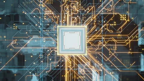 Futuristic animation showing microprocessor activating with glowing orange .. Stock Footage 328332660