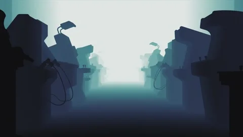 Futuristic arcade machine room with The gradient of colors ranging from deep Stock Footage 282676973