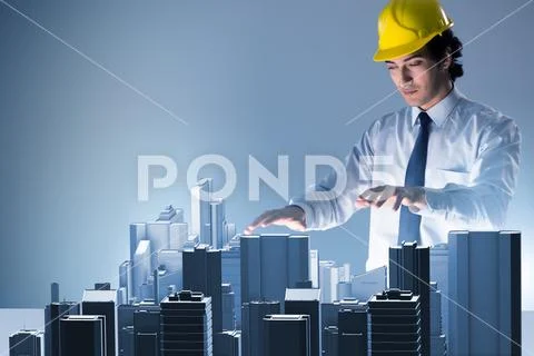 Futuristic architect doing urban planning Stock Photos