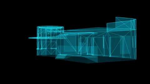 Futuristic Architectural 3D Model in Neon Blue Wireframe Design Visualization Stock Footage 344727759