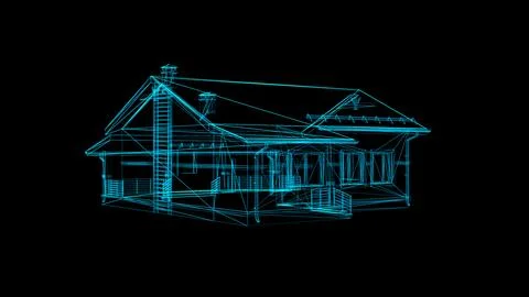 Futuristic Architectural 3D Wireframe of a House on a Black Background Illustrazione stock