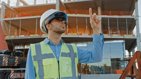 Futuristic Architectural Engineer Wearing Augmented Reality Headset Stock Footage 113335325