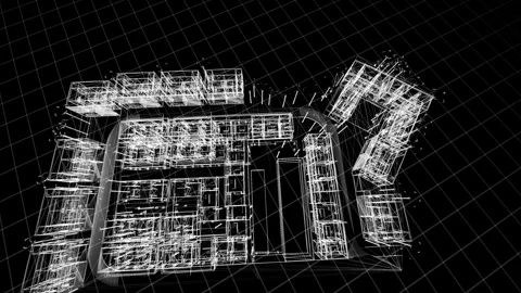 Futuristic Architectural Wireframe Design on Grid Backdrop in Monochrome Stock Footage 344720748