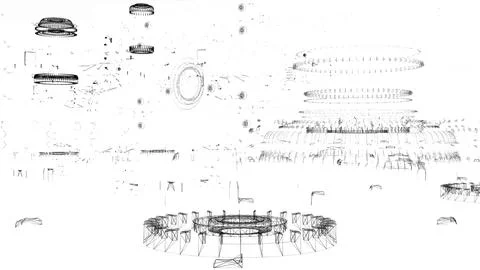 A futuristic architectural wireframe design showcasing interconnected circul Illustrazione stock