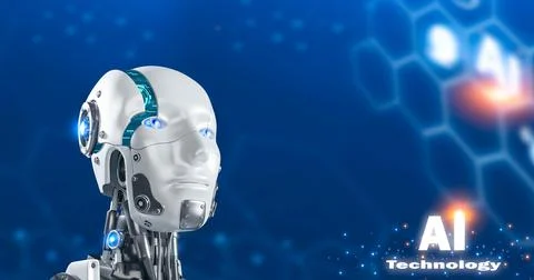 Futuristic artificial intelligence AI robot technology background. 3D rendering Illustrazione stock