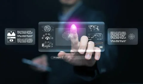 Futuristic artificial intelligence assistant interface with touch command d.. Stock Photos