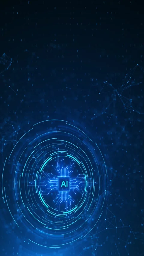 Futuristic Artificial intelligence circular HUD visual AI chip, glowing cyan rin Stock Footage 340410341