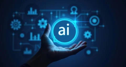 Futuristic Artificial Intelligence Concept with a Hand Holding a Glowing AI Icon Stock Photos