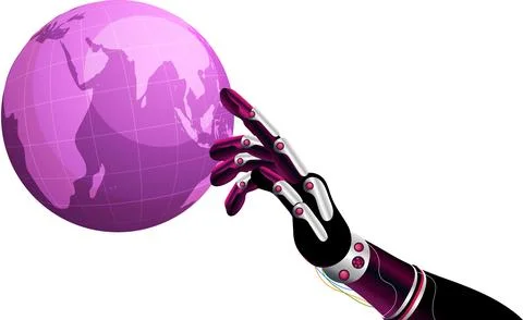 Futuristic artificial intelligence concept with robotic hand is touching gl.. Stock Illustration