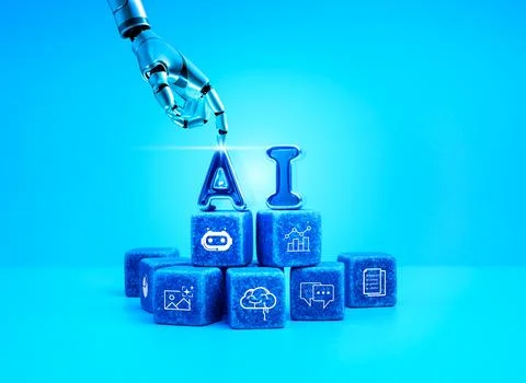 Futuristic artificial intelligence concept with robotic hand interacting wi.. Stock Photos