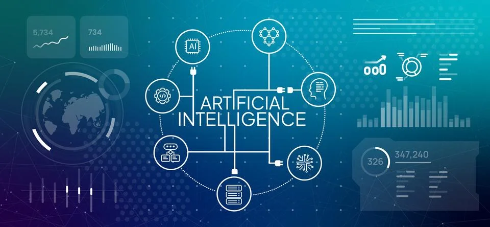 Futuristic artificial intelligence data dashboard with neural network Stock Illustration