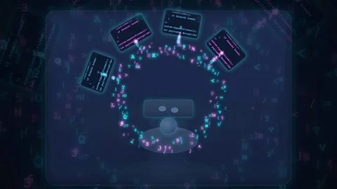 Futuristic Artificial Intelligence Interface with Digital Code and Glowing Data Stock Footage 341815674