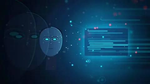 Futuristic Artificial Intelligence Interface with Digital Human Face and Data Stock Footage 341829277