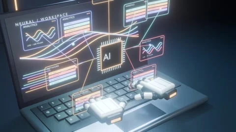 Futuristic artificial intelligence keyboard robot hands bg able to loop endless Stock Footage 346605926