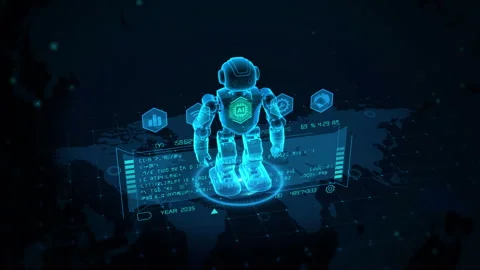 Futuristic Artificial Intelligence Robot Hologram with Digital Interface Ov.. Stock Footage 339134349