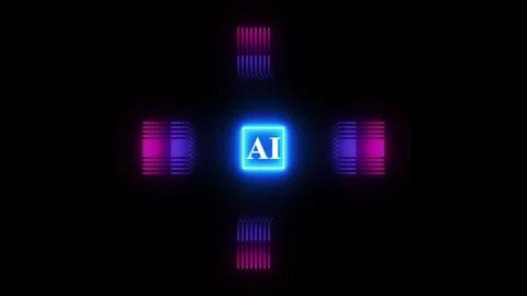Futuristic artificial intelligence symbol with a central glowing blue squar.. Stock Illustration