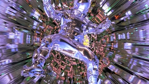 A futuristic astronaut appears to float amidst a vibrant, abstract digital  Video stock 288622450
