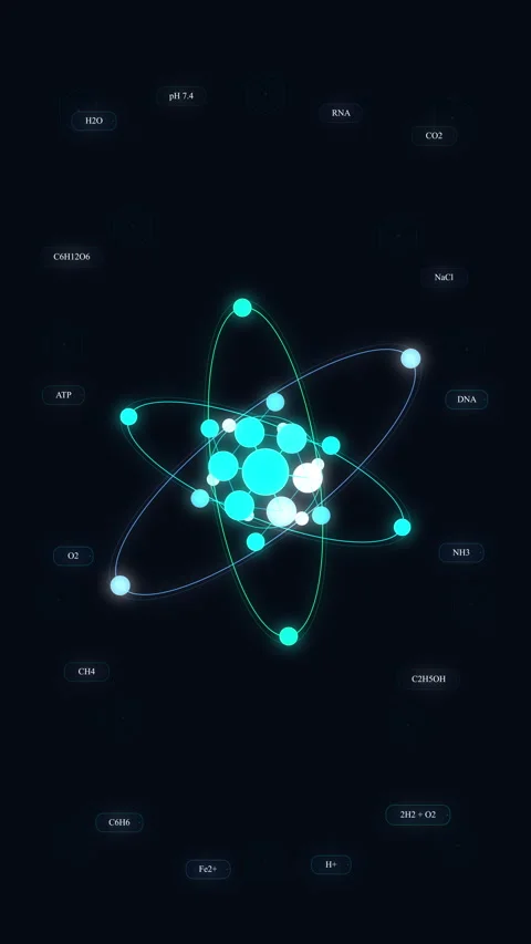 Futuristic atom animation looping with glowing science HUD hud neon Stock Footage 346646286