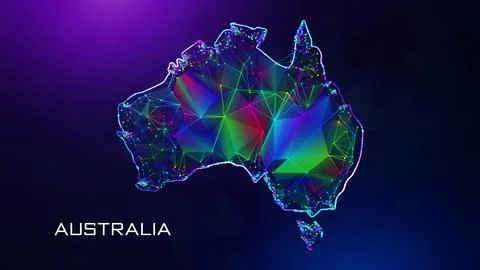 Futuristic Australia Map Polygonal Blue Colorful Connected Lines Dots Wireframe  Stock Illustration