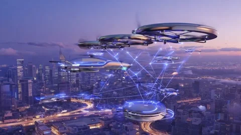 Futuristic autonomous aerial vehicles flying in networked swarm over illumi.. Stock Footage 321340375