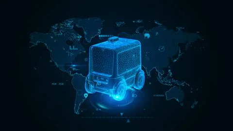 Futuristic Autonomous AI Vehicles on Digital World Map Hologram Display Conce Stock Illustration