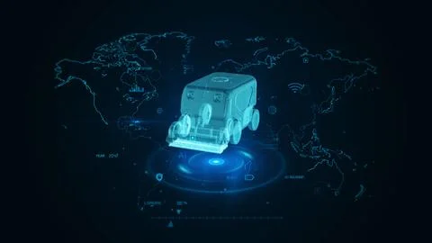 Futuristic Autonomous Vehicles on Global Technological Map Visualization Ilustração Stock