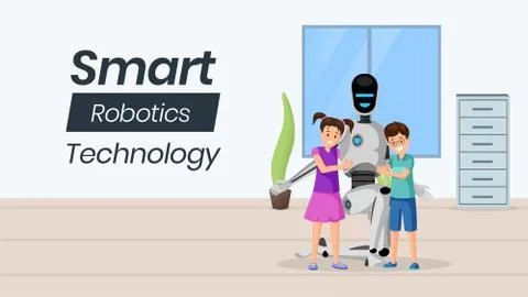 Futuristic babysitting vector banner template. Little children with artificial Stock Illustration