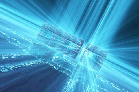 Futuristic backdrop with a shining blue cube Illustrazione stock