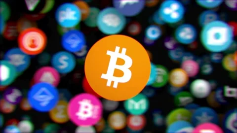 Futuristic background of Bitcoin Crypto flying icon spread and line linked on Stock Footage 336443270
