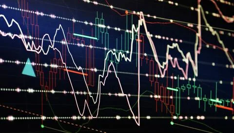 The futuristic background features glowing red and green candlestick charts,  库存照片