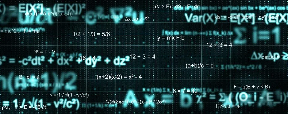 Futuristic background with glowing mathematical formulas, algebra, and phys.. Stock Illustration
